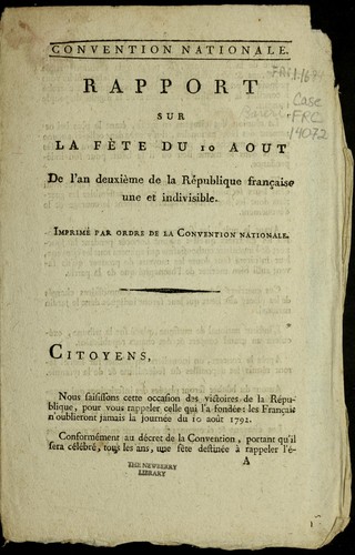 Cover for Rapport sur la fe te du 10 aou t, de l'an deuxie  me de la Re publique franc ʹaise une et indivisible