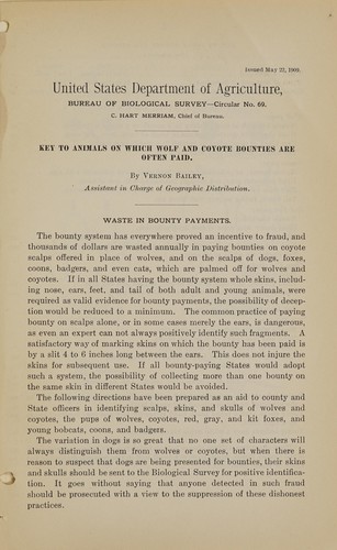 Cover for Key to animals on which wolf and coyote bounties are often paid
