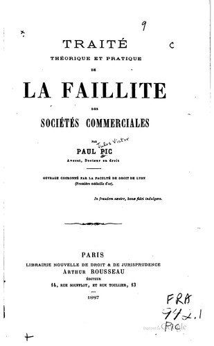 Cover for Traité théorique et pratique de la faillite des sociétés commerciales