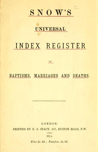 Cover for Snow's universal index register of baptisms, marriages and deaths.