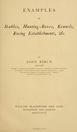 Cover for Examples of stables, hunting-boxes, kennels, racing establishments, &c.