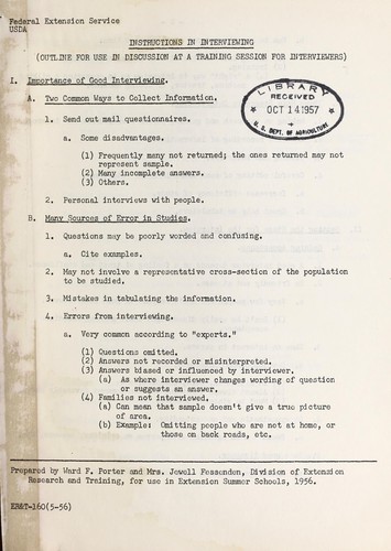 Cover for Instructions in interviewing (Outline for use in discussion at a training session for interviewers)