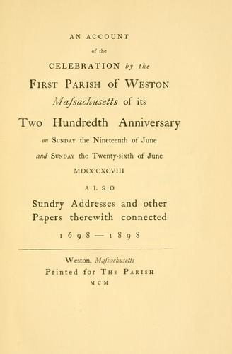 Cover for An account of the celebration by the First parish of Weston, Massachusetts of its two hundredth anniversary