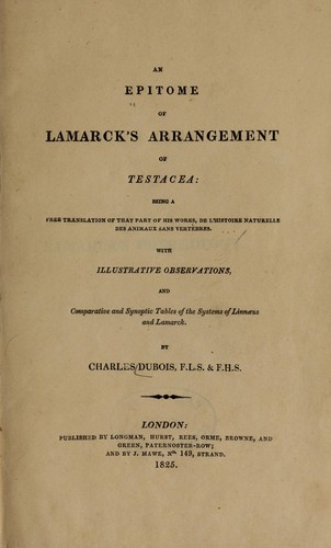Cover for An epitome of Lamarck's arrangement of Testacea: being a free translation of that part of his works, De l'histoire des animaux sans vertèbres