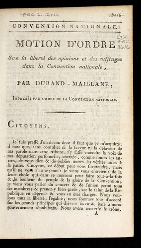 Cover for Motion d'ordre sur la liberte  des opinions et des suffrages dans la Convention nationale