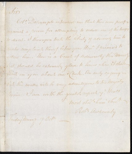 Cover for Letter to Gov. Thomas Hutchinson about Col. Dalrymple's complaint that Bostonians are enticing British soldiers to desert