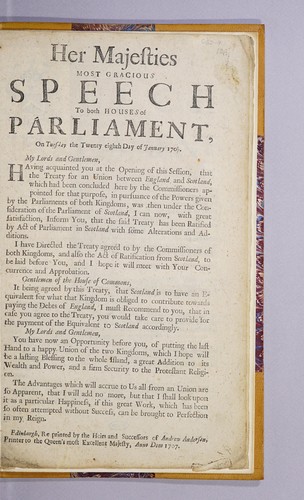 Cover for Her Majesties most gracious speech to both houses of Parliament, on Tuesday the twenty eighth day of January 1706/7..