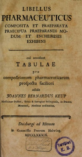 Cover for Libellus pharmaceuticus composita et praeparata praecipua praeparandi modum et encheireses exhibens. Cui acc. tablae pro compositionum pharmaceuticarum prospectu faciliori