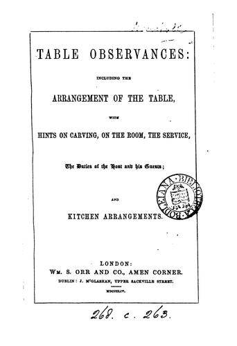 Cover for Table observances: including the arrangement of the table, with hints on carving [&c.].