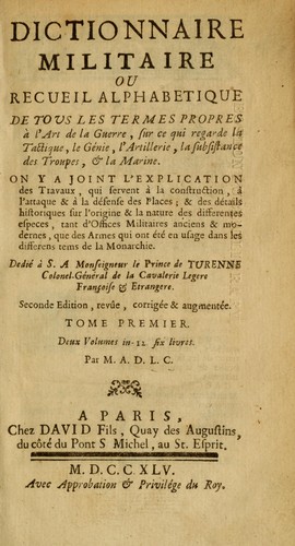 Cover for Dictionnaire militaire, ou, Recueil alphabetique
