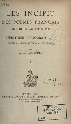 Cover for Les incipit des poèmes français antérieurs au XVIe siècle