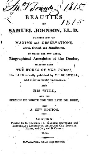 Cover for The Beauties of Samuel Johnson, LL.D.: Consisting of Maxims and Observations ...