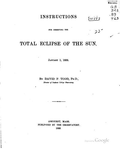 Cover for Instructions for observing the total eclipse of the sun, January 1, 1889.