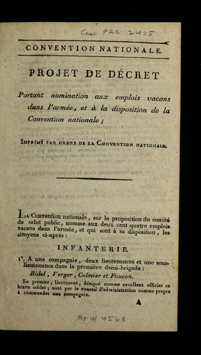 Cover for ... Projet de de cret portant nomination aux emplois vacans dans l'Arme e, et a   la disposition de la Convention nationale