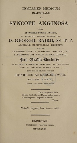 Cover for Tentamen medica inauguralis, de syncope anginosa