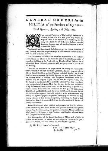 Cover for General orders for the militia of the province of Quebec