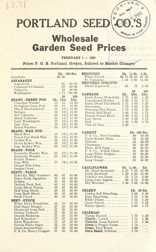 Cover for Portland Seed Co.'s wholesale garden seed prices