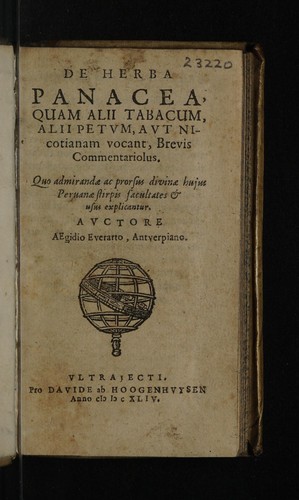 Cover for De herba panacea, quam alii tabacum, alii petum, aut nicotianam vocant, brevis commentariolus ...