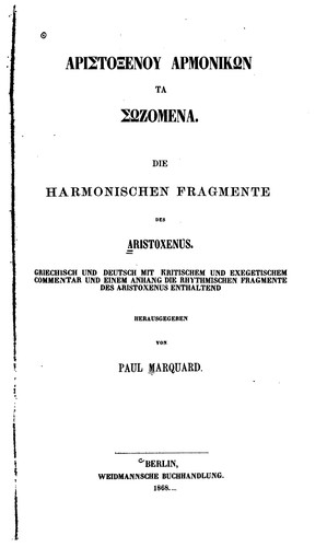 Cover for Aristoxenou harmonikōn ta sōzomena =