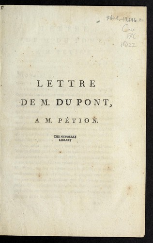 Cover for Lettre de M. Du Pont a M. Pe tion