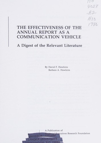 Cover for The effectiveness of the annual report as a communication vehicle