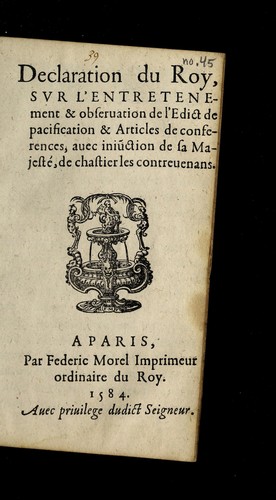 Cover for Declaration du Roy, svr l'entretenement & obseruation de l'Edict de pacification & articles de conferences