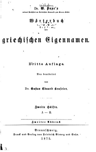 Cover for Dr. W. Pape's Wörterbuch der griechischen Eigennamen