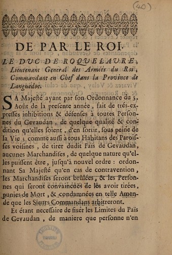 Cover for [Plague ordinance fixing the boundaries of the Gévaudan within which the movement of merchandise is forbidden, 18 Aug. 1721.].