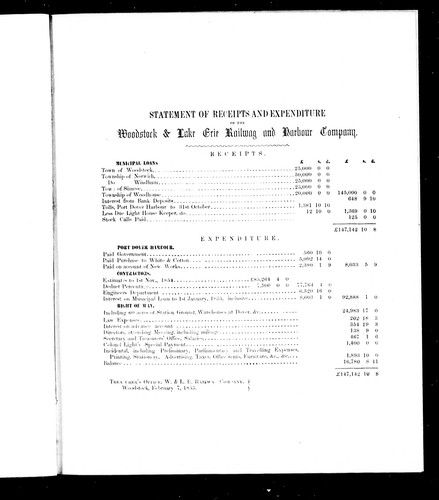 Cover for Statement of receipts and expenditure of the Woodstock & Lake Erie Railway and Harbour Company