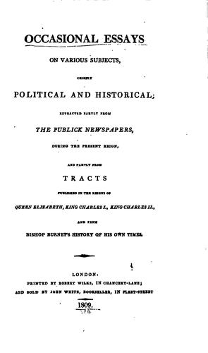 Cover for Occasional Essays on Various Subjects: Chiefly Political and Historical; Extracted Partly from ...