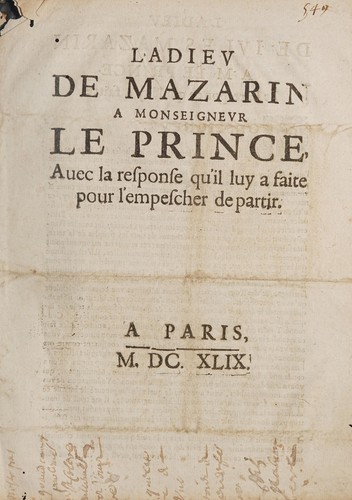 Cover for L'adiev de Mazarin a monseignevr le prince
