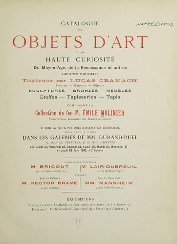 Cover for Catalogue des objets d'art et de haute curiosité du Moyen Age, de la Renaissance et autres