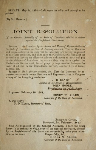 Cover for Joint resolution of the General Assembly of the state of Louisiana relative to claims against the Confederate government