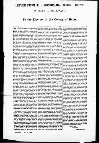 Cover for Letter from the Honorable Joseph Howe, in reply to Mr. Annand, to the electors of the county of Hants