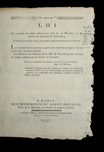Cover for Loi qui exempte du de po t ordonne  par celle du 18 messidor, les de biteurs des habitans de Nuremberg