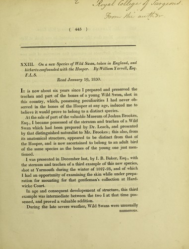 Cover for On a new species of wild swan, taken in England, and hitherto confounded with the hooper
