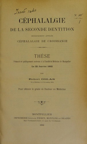 Cover for C©♭phalalgie de la seconde dentition improprement appel©♭e c©♭phalalgie de croissance