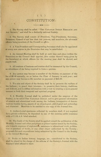 Cover for Canadian Indian Research and Aid Society. Constitution