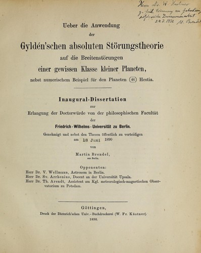 Cover for Ueber die Anwendung der Gyldén'schen absoluten Störungstheorie auf die Breitenstörungen einer gewissen Klasse kleiner Planeten