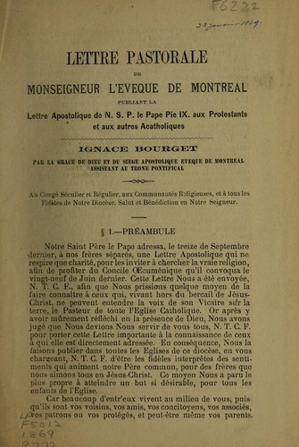Cover for Lettre pastorale de Monseigneur l'Eveque de Montreal publiant la lettre apostolique de N.S.P. le Pape Pie IX aux Protestants et aux autres Actholiques