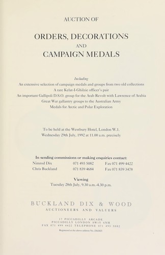 Cover for Auction of orders, decorations and campaign medals, including ... an important Gallipoli D.S.O. group for the Arab Revolt with Lawrence of Arabia ...