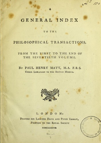 Cover for A general index to the Philosophical Transactions from the first to the end of the seventieth volume