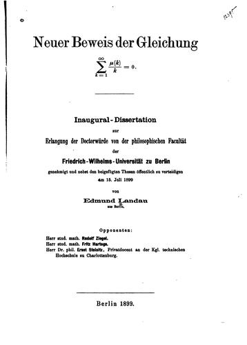 Cover for Neuer Beweis der Gleichung[the Summation of K=1 to Infinity of] Mu(k)/k=0)