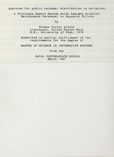 Cover for A prototype expert system which assigns aviation maintenance personnel to squadron billets