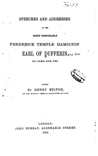 Cover for Speeches and Addresses of the Right Honourable Frederick Temple Hamilton ...