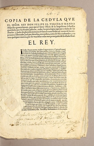 Cover for Copia de la cedula que el señor rey don Felipe el Tercero mando despachar generalmente, para que al Santo Oficio de la Inquisicion le fuessen guardados por sus reales justicias, todos los priuilegios que por cedulas de sus abuelos y padre de gloriosa memoria le fueron concedidas, en razon de sus exepciones y libertades, ansi por derecho, concordias, como de vso y costumbre, y en otra qualquier manera, por ser vna delas cosas mas principales de su estado real