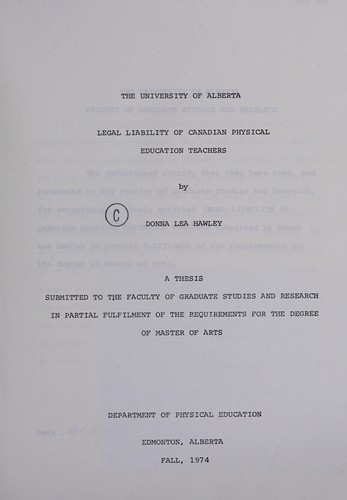 Cover for Legal liability of Canadian physical education teachers