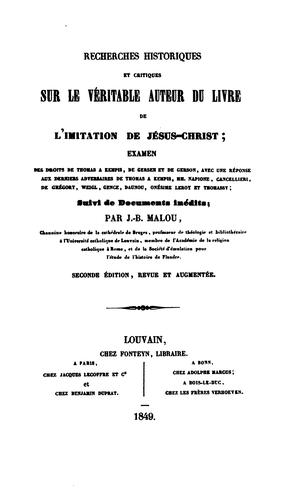 Cover for Recherches historiques et critiques sur le véritable auteur du livre de l'Imitation de Jésus ...