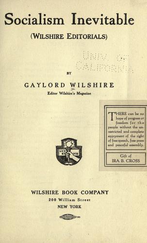 Cover for Socialism inevitable (Wilshire editorials.)