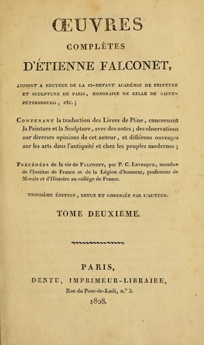 Cover for uvres complètes d'Étienne Falconet, adjoint a recteur de la ci-devant Académie de peinture et scuplture de Paris, honoraire de celle de Saint-Pétersbourg, etc